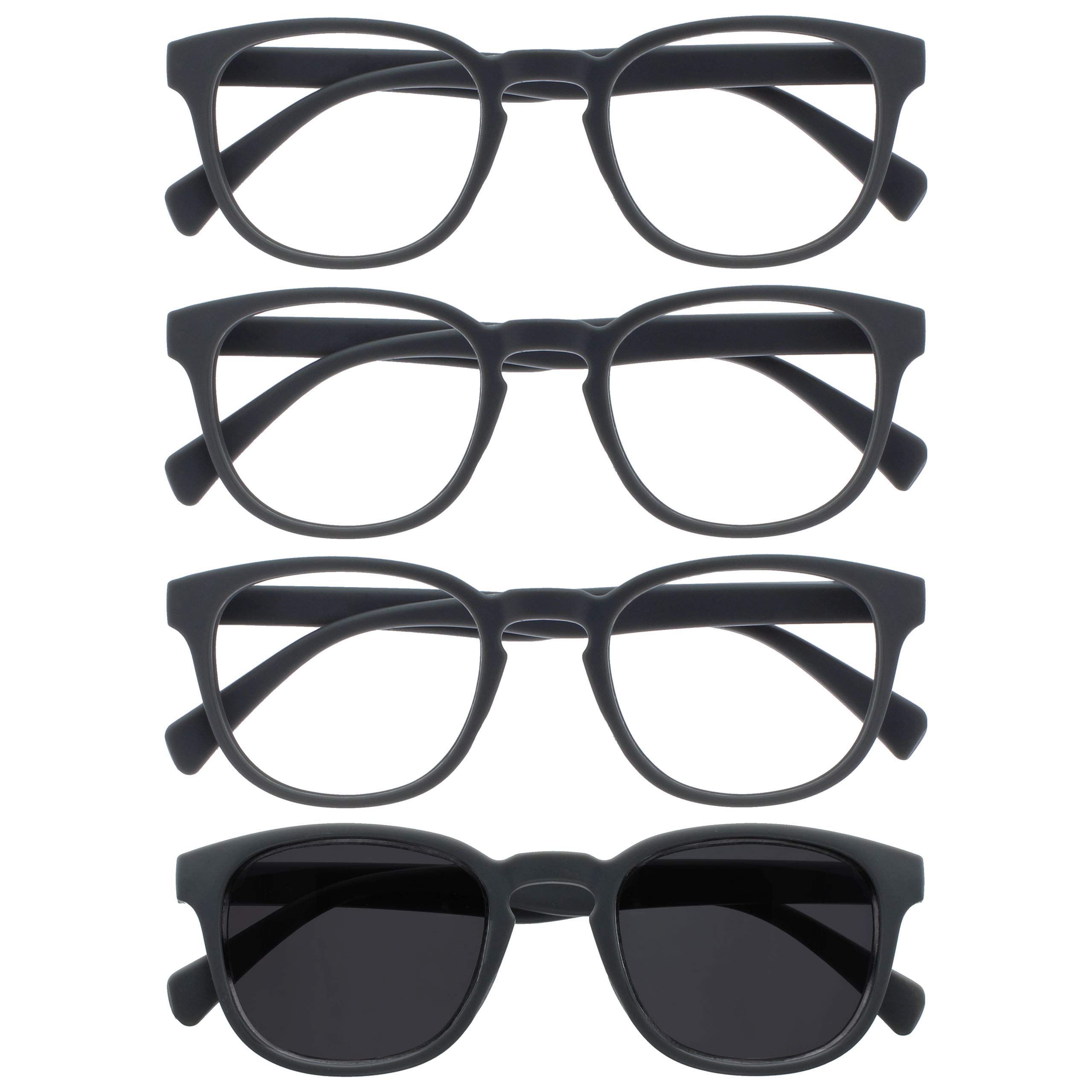 OPULIZE Pop Pack of 4 Reading Glasses with Sunglasses Retro Round Smooth Matte G