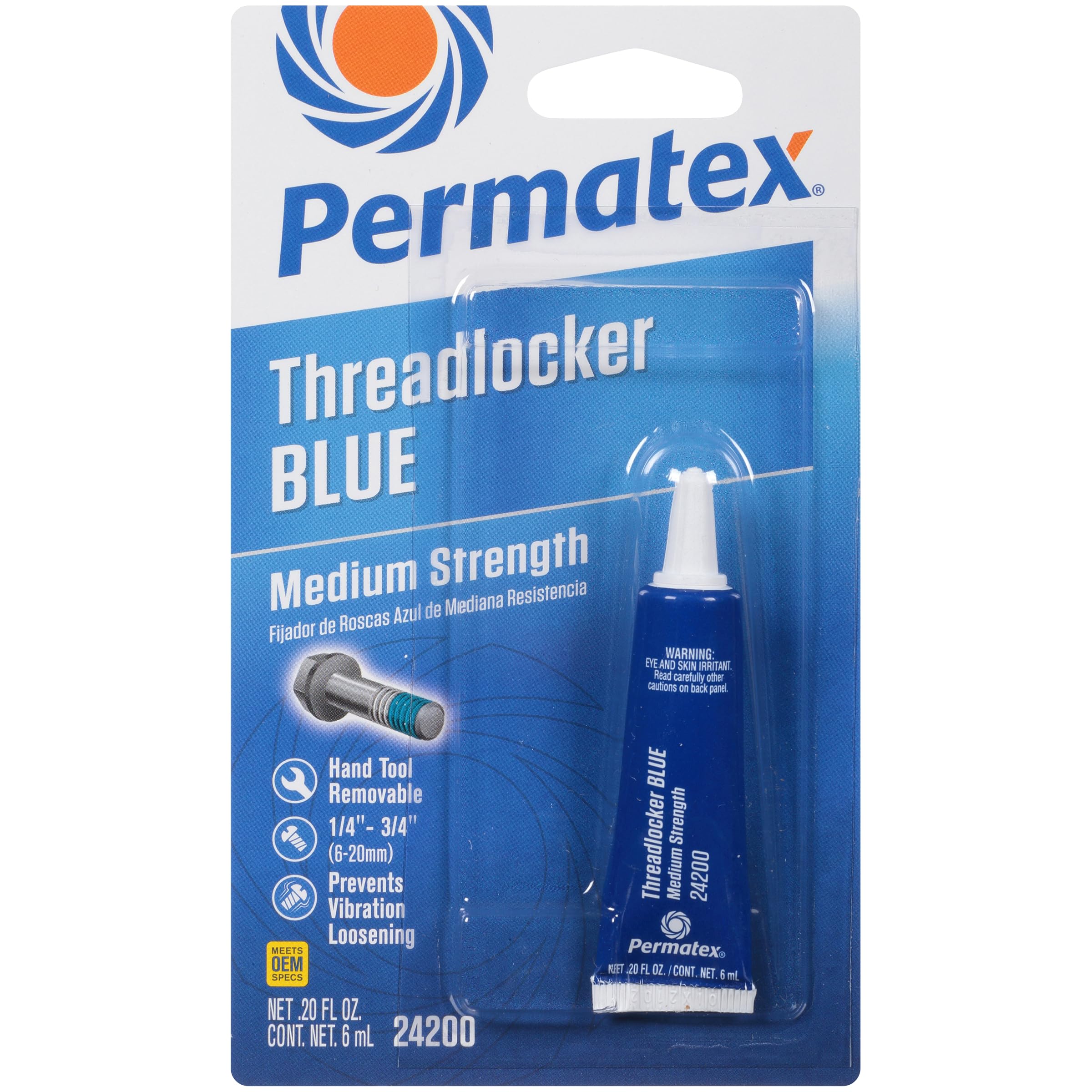 Permatex 24200 Medium Strength Threadlocker Blue, 6 ml, Automotive Threadlocker 