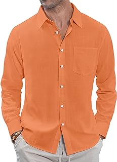 J.VER Men's Linen Shirts Casual Button Down Long Sleeve Shirt Solid Spread Collar Summer Beach Shirts with Pocket