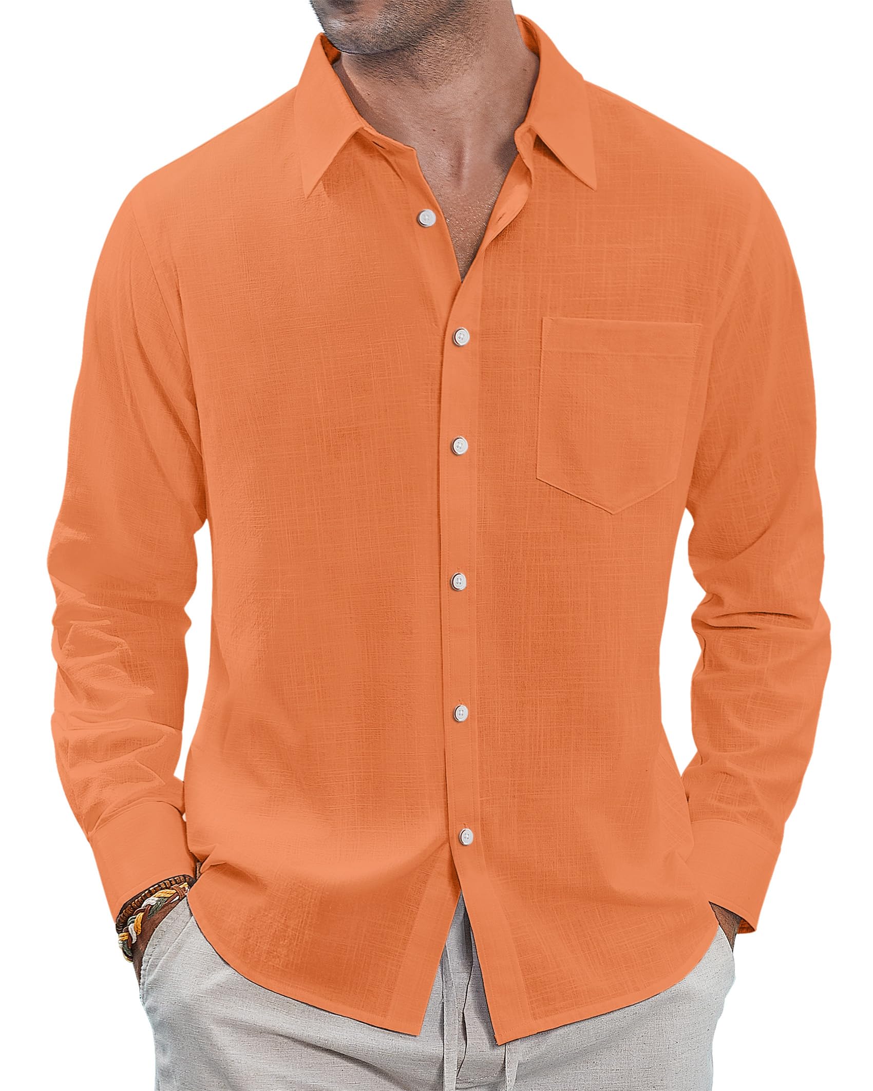 J.VER Men's Linen Shirts Casual Button Down Long Sleeve Shirt Solid Spread Colla