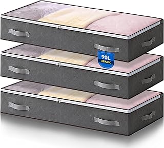 AIOR 3 Stück 90L Unterbettkommode mit Sichtfenster, Faltbare Unterbett-Aufbewahrungstasche Kleideraufbewahrung, Decken Organisator Lagerbehälter, 100x50x18cm