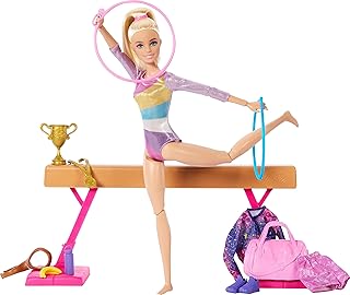 Barbie Gymnastics Doll & Accessories Playset | Blonde Fashion Doll, C-Clip for Flipping Action, Balance Beam, Warm-Up Suit & More