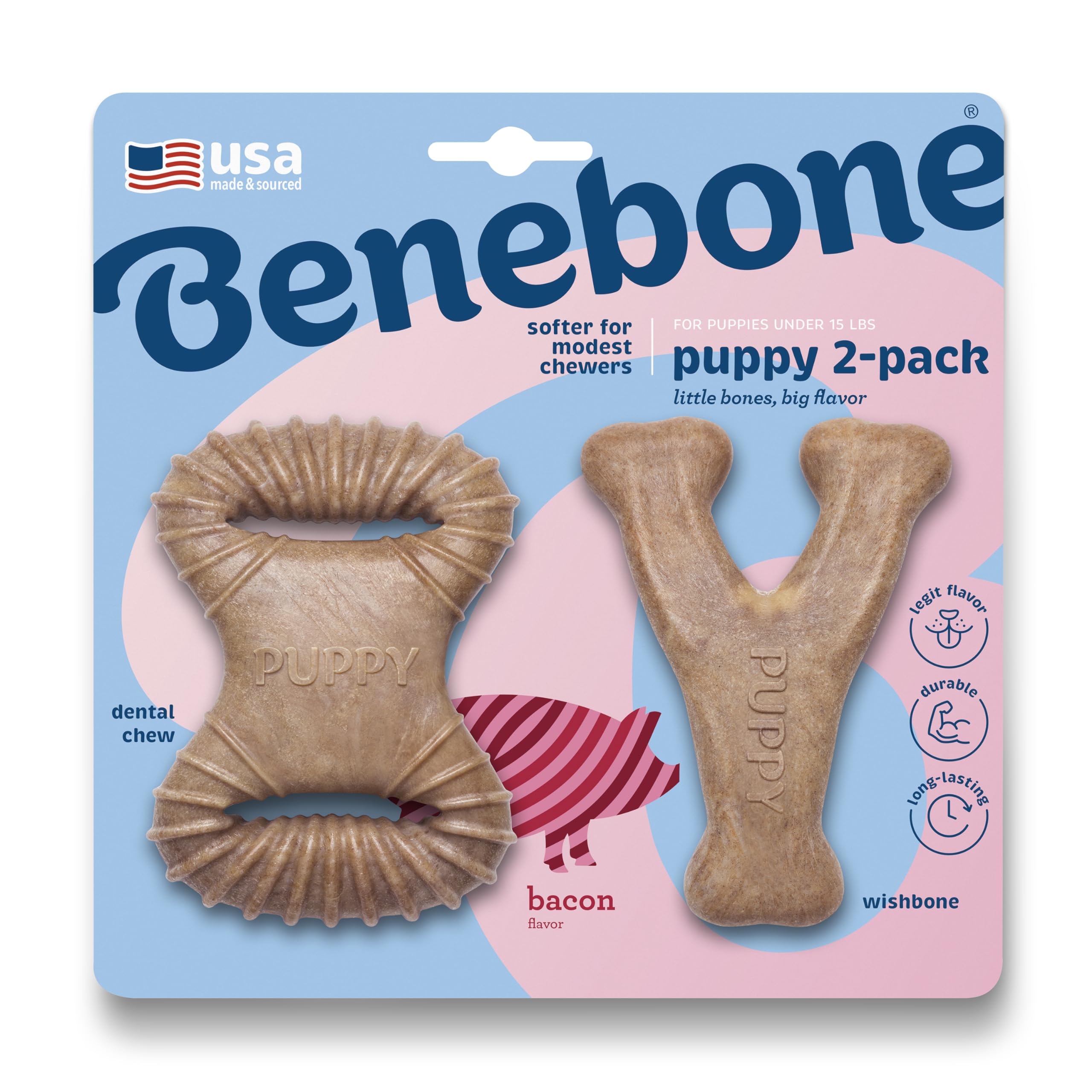 Benebone Puppy 2-Pack Dental Chew/Wishbone Dog Teething Toys, Real Bacon | Made 