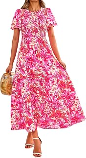 PRETTYGARDEN Smocked Top Summer Dresses for Women 2026 Short Sleeve Floral Maxi Dress for Women Spring Maxi Dress with Ruffle Sleeves for Women Beach and Holiday Women (Pack of 1)