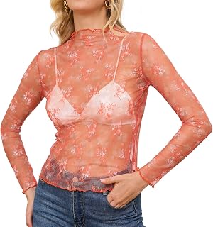 Mesh Long Sleeve Blouse, Women's Embroidered Sheer Tops Lace See Through Tops with Mock Neck