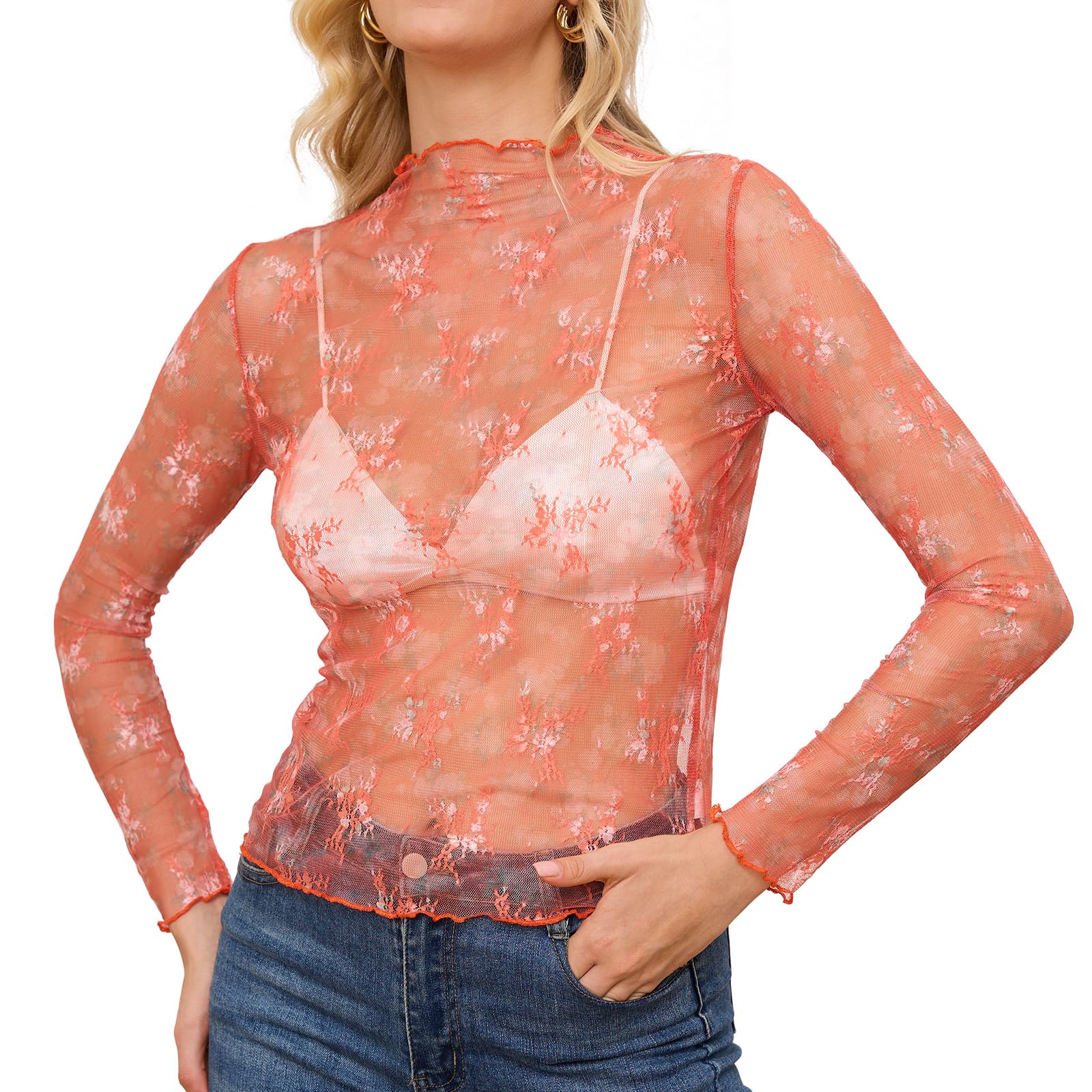 Mesh Long Sleeve Blouse, Women's Embroidered Sheer Tops Lace See Through Tops wi