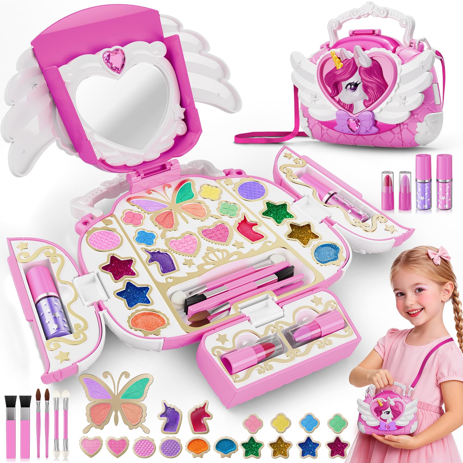 Kids Makeup Sets for 3-12 Girl, Washable Make up Kit With Mirror & Strap, Real M