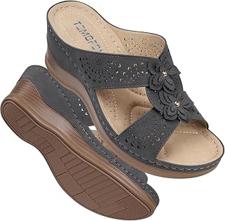 TEMOFON Womens Leather Wedge Sandals: Elegant Sandals, Rubber Sole, Comfortable Walking, Casual Slip On Summer Shoes, Size 6-12