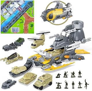 deAO Plane Toy for Boys Submarine Toy Naval Ship with Mat,10PCS Vehicle Tank Helicopter Plane & 10PCS Army Men Toy Soldiers,Ideal Gift Army Toys Set for Kids Boys