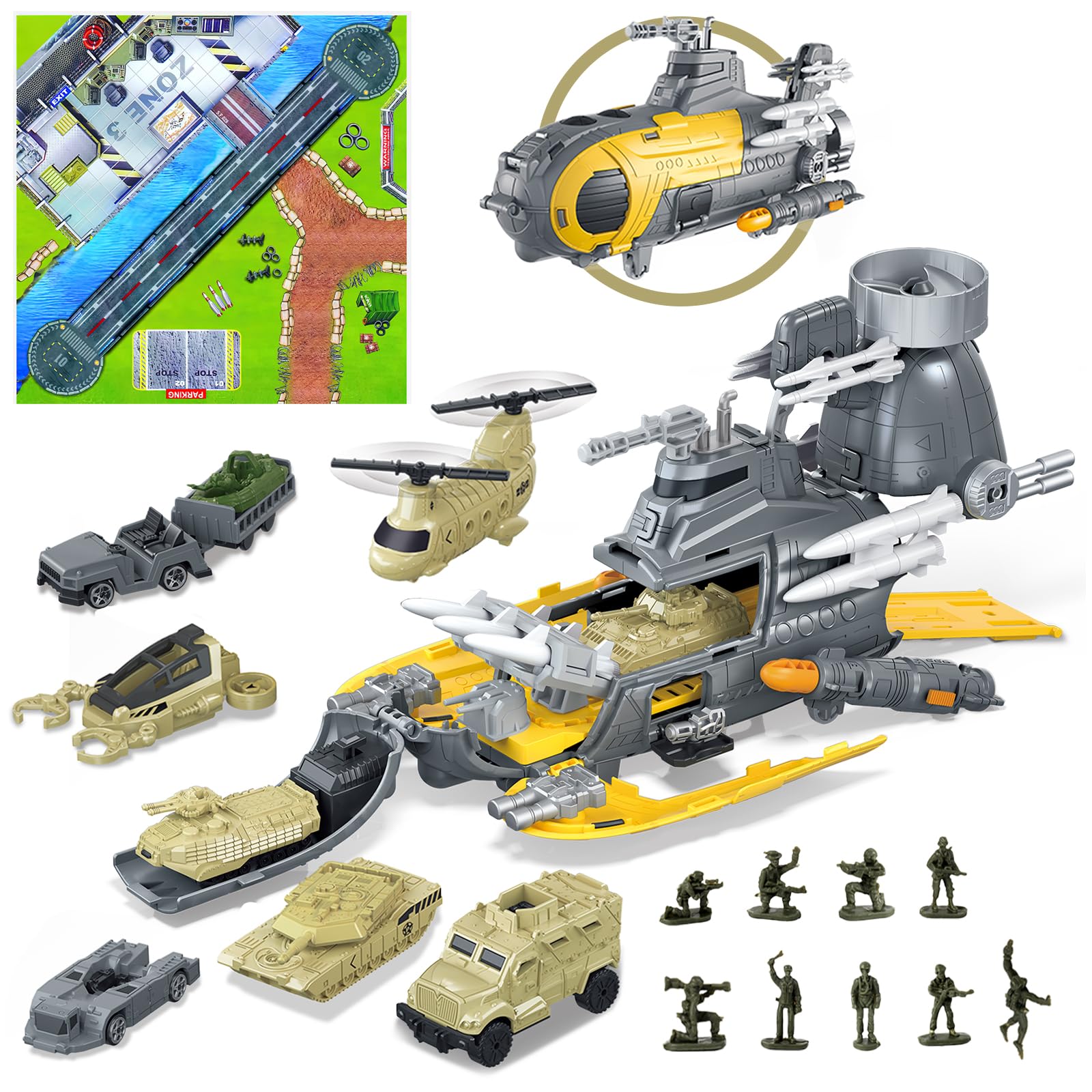 deAO Plane Toy for Boys Submarine Toy Naval Ship with Mat,10PCS Vehicle Tank Hel