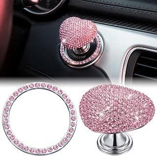 Novabright 2 Pcs Bling Push to Start Button Cover for Women, Pink | Rhinestone Car Engine Start Ring, Heart Button Cover Crystal Decoration Set, Car Interior Accessories Sticker Decals for Girl
