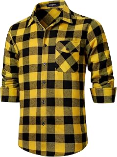 HISDERN Flannel Shirt Men's Checked Shirts Men's Long Sleeve Button Down Cotton Lumberjack Shirt Regular Fit Checked Shirt