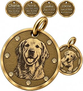 Personalized Solid Brass Pet ID Tag, Custom Photo-Engraved For Dogs & Cats | Handmade, not plated, with deep engraving on both sides, polished edges, and a lightweight 0.4 oz design for daily wear.