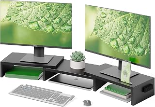 BONTEC Dual Monitor Stand Riser, Stepless Adjustable Length & Angle, Black | Wooden construction, ergonomic viewing height, smartphone slot, cable management, extra storage, for laptops, printers, PCs