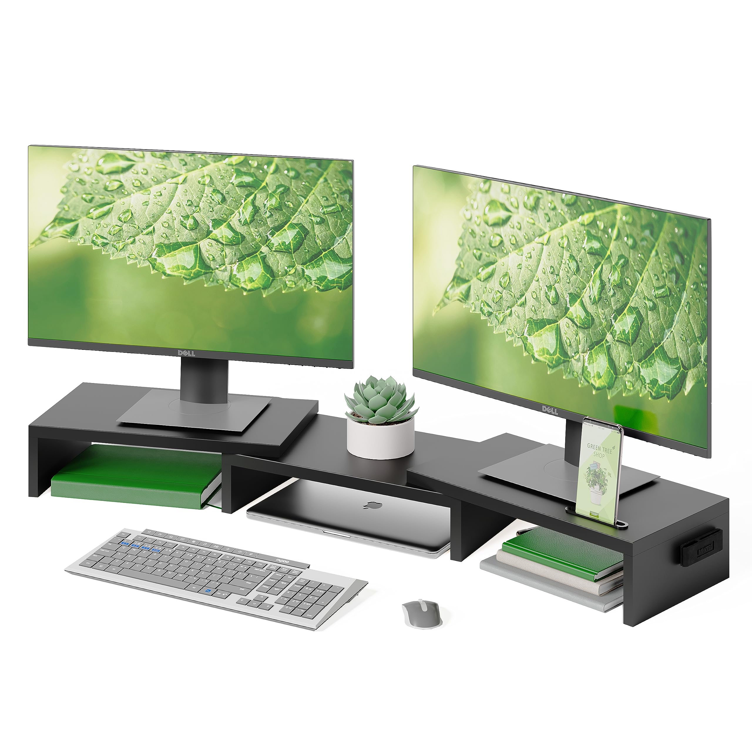 BONTEC Dual Monitor Stand Riser, Stepless Adjustable Length & Angle, Black | Woo