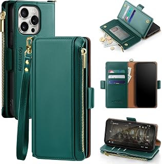 Antsturdy Compatibile con iPhone 16 Pro, custodia a portafoglio in pelle PU con blocco RFID, custodia per telefono da donna e uomo, con cavalletto e cinturino da polso con cerniera, scomparti per