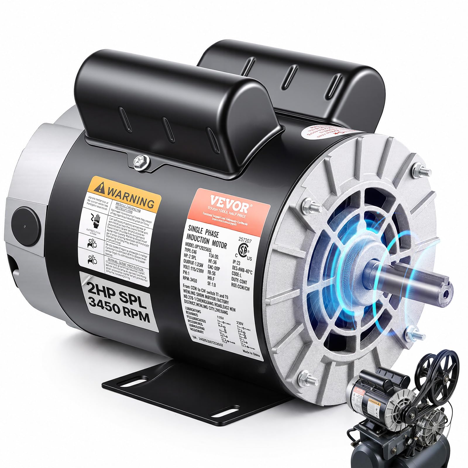 VEVOR 2HP Air Compressor Electric Motor, 115/230V, 20/10 Amps, 56 Frame 3450RPM,
