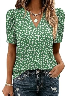 Zeagoo レディース ブラウス パフ 半袖 トップス Vネック ドレッシー カジュアル 春 シャツ ボーホー 花柄 かわいい 服 2026
