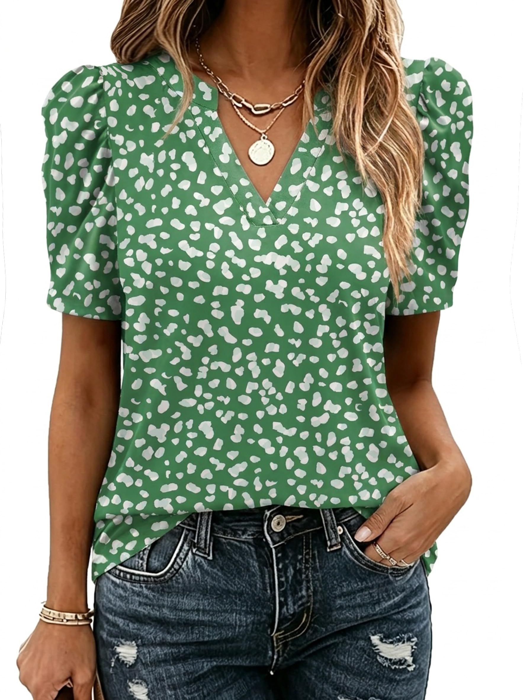 Zeagoo Women Blouses Puff Short Sleeve Tops V Neck Dressy Casual Spring Shirts B
