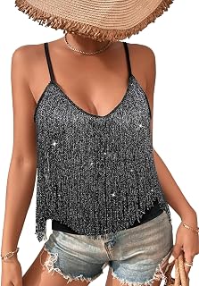 Women's Fringe Tank Top - Clothing Summer Rave Sexy Spaghetti Straps V Blouse Top Shirts Hawaiian Chic And Elegant Blouse Top Vest Sleeveless Fashion Solid Camisole Clothing