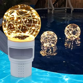 Pool Chlorine Floater with Solar Ball Light, Floating Chlorine Dispenser for 3'' Chlorine Tablets, Chlorine Tablet Floater Chemical Dispenser Easy Opening, Bromine Tablet Holder for Pool, Hot Tub, Spa