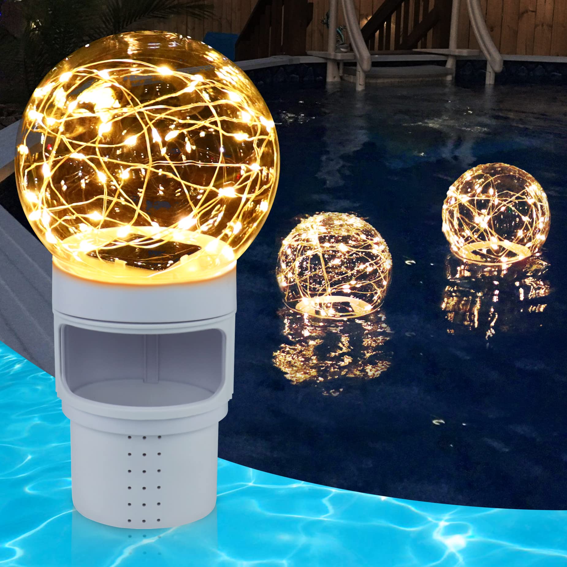Pool Chlorine Floater with Solar Ball Light, Floating Chlorine Dispenser for 3''