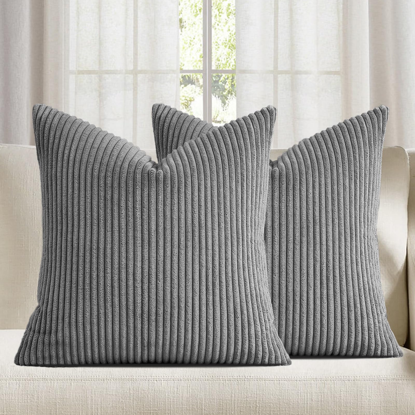 Grey Corduroy Decorative Throw Pillow Case 16x16 Inches,Pack of 1 Square Throw P
