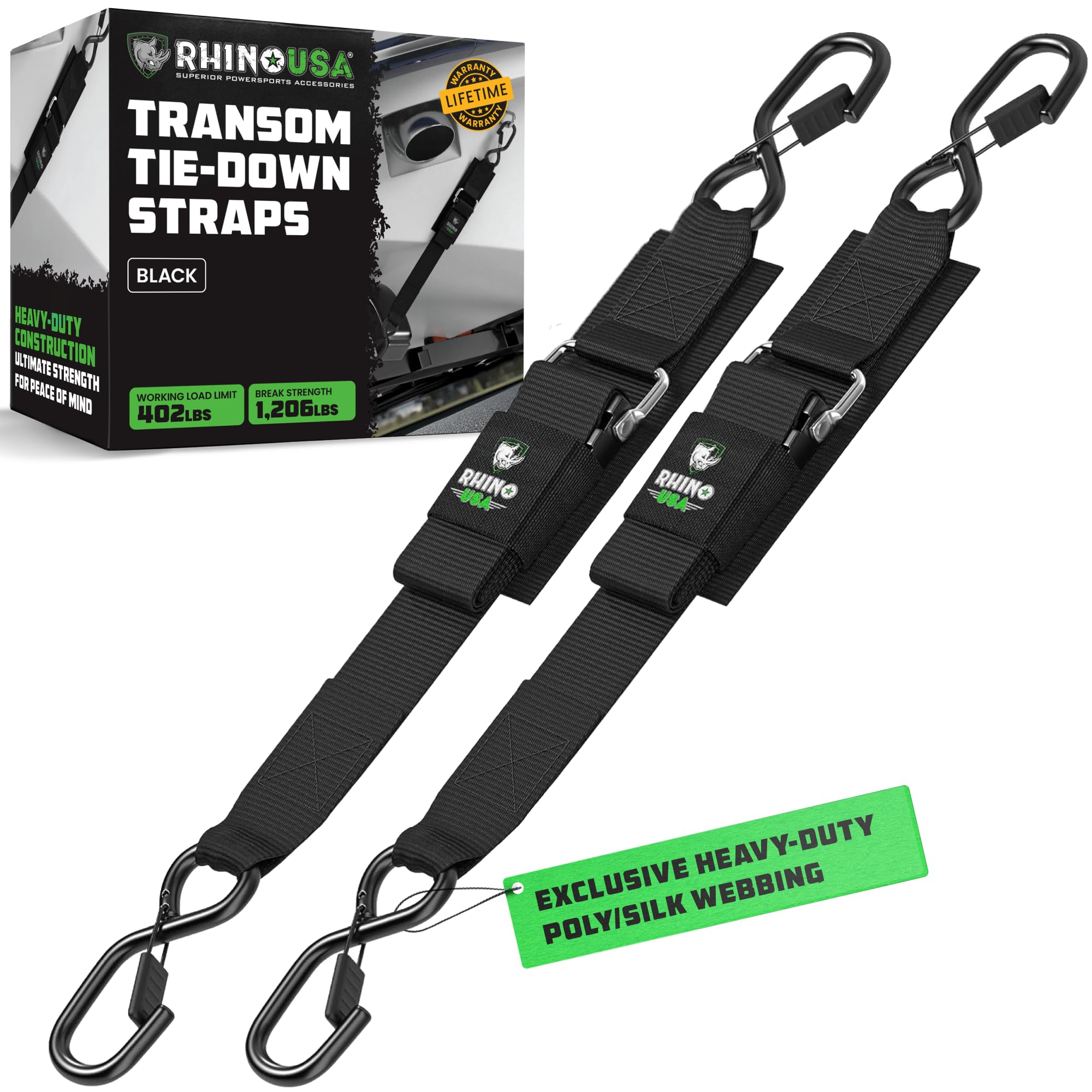 Rhino USA Boat Transom Straps (2-Pack) - Trailer Tie Downs for Boats | 2in x 48i