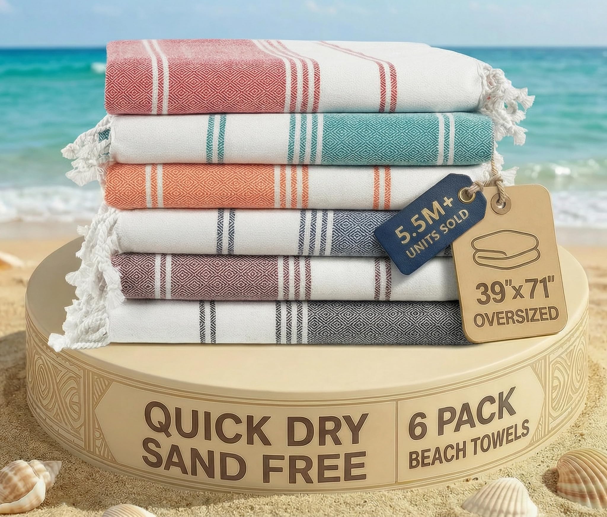 LANE LINEN 6-Pack Oversized Pre-Washed Beach Towels, Stylish Quick-Dry Pool & Tr
