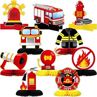 Epakh 10 Pcs Firetruck Birthday Party Decor Firetruck Honeycomb Centerpiece | Fire Truck Table Decor, Fire Truck Firefighter Hat Extinguisher Fireman, Kids Birthday Centerpieces, Reusable Party Decor