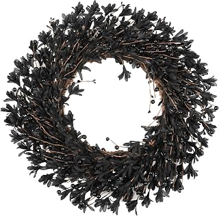 CIR OASES 20" Halloween Wreath for Front Door Black Forsythia Fall Wreaths | Autumn Wreaths with Black Forsythia Foliage,Berries & Bow, Halloween Decor for Wall Window Indoor outdoor Party decor