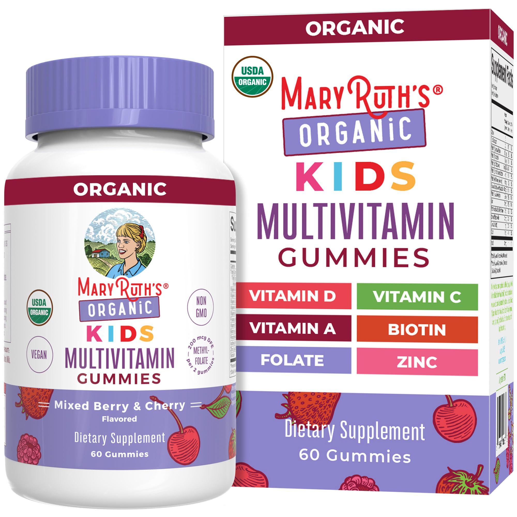 MARYRUTH'S USDA Organic Multivitamin Gummies, Ages 4+, Kids Vitamins, 60ct | 1 M