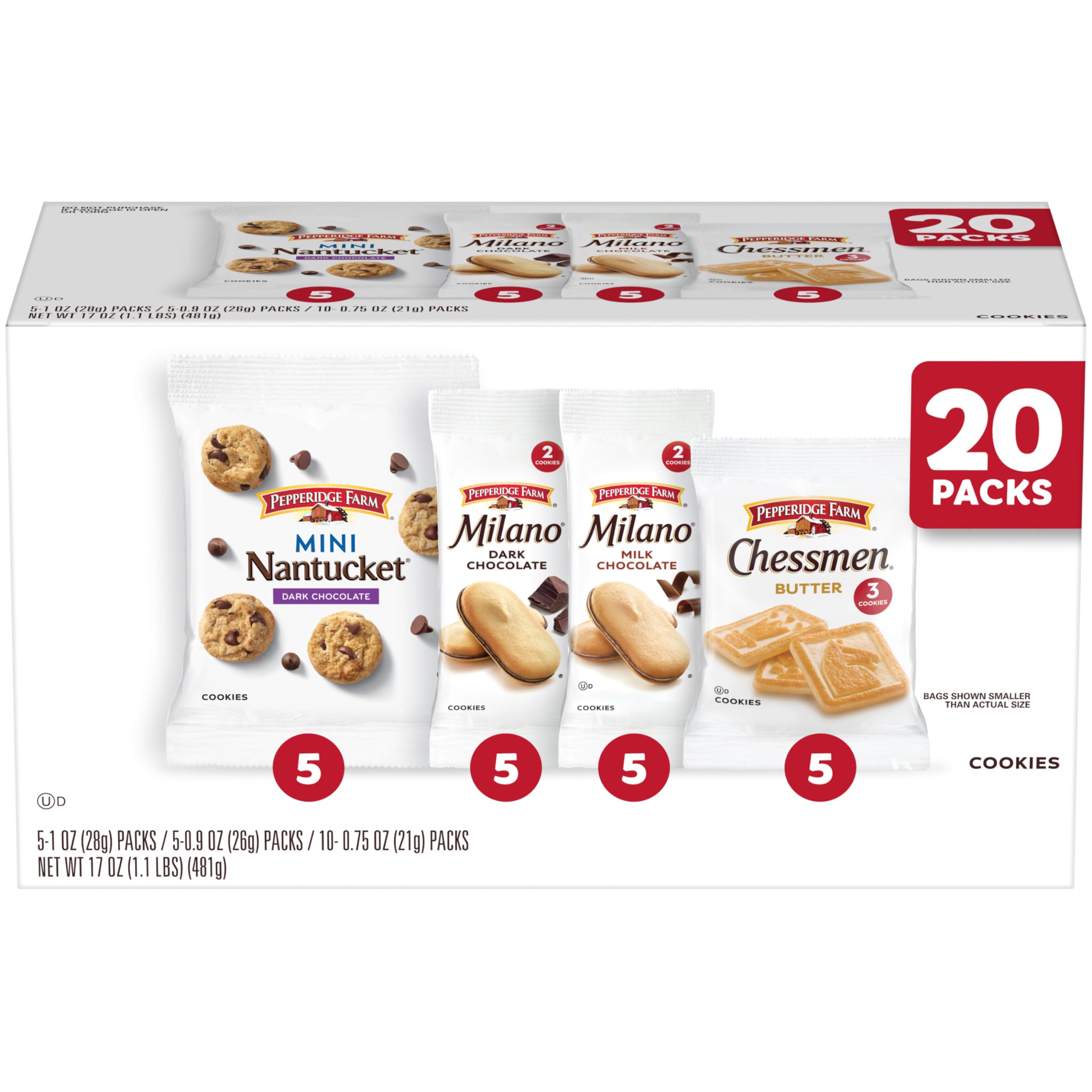 Pepperidge Farm Cookies Variety Pack, Snack Packs, 20 Pk | Assorted Chocolate Ch