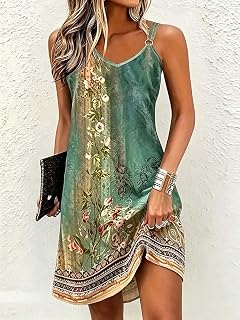 Abito estivo da donna con scollo a V, senza maniche, con spalline sottili, floreale, estivo, casual, da spiaggia