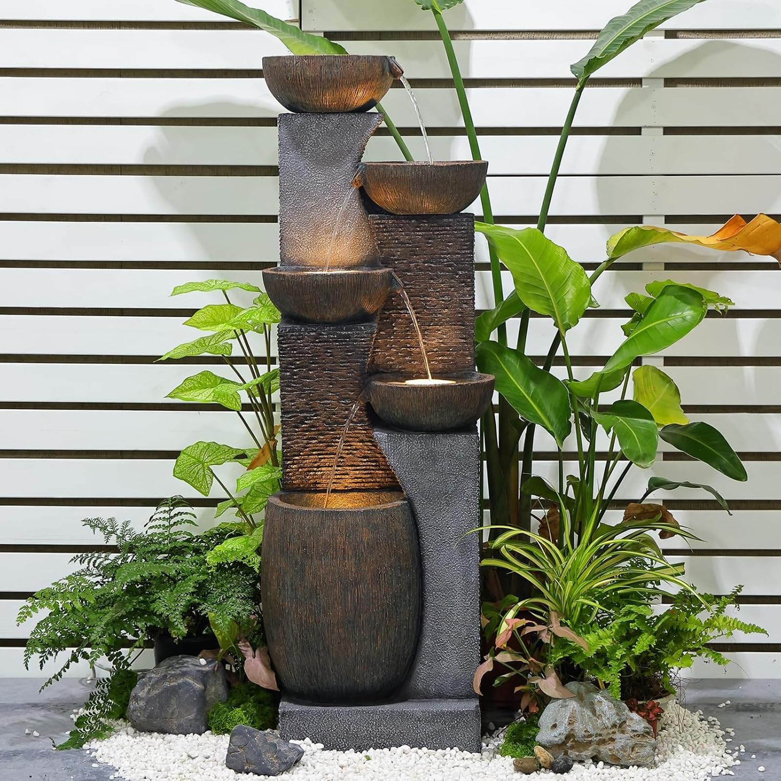 Bumilgar 51" Tall Outdoor Fountain 5-Bowl Waterfall LED Garden Patio | Warm LED 