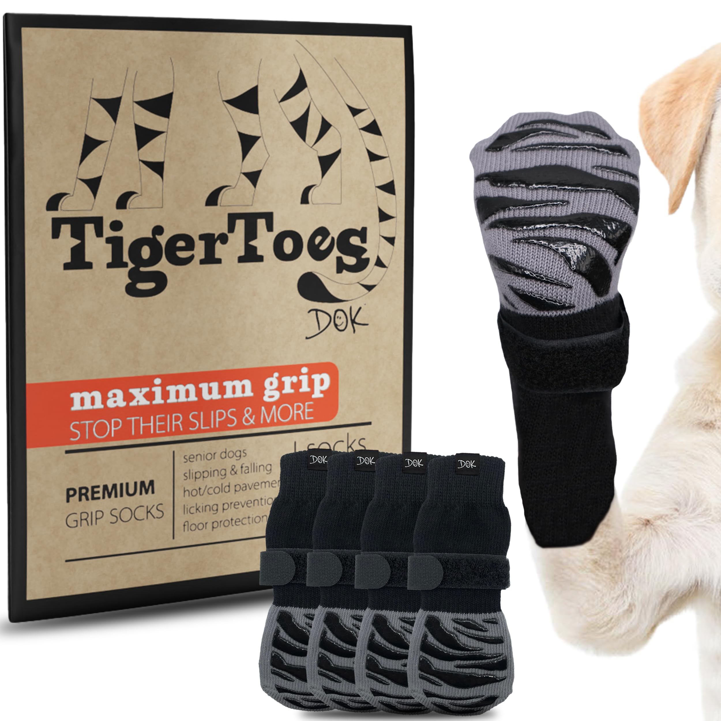 DOK TigerToes Premium Non-Slip Dog Socks for Hardwood Floors - Extra-Thick Grip 
