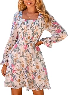 Simplee Womens Floral Long Sleeve Mini Dress Boho Square Neck Smocked A-Line Flowy Short Wedding Guest Dresses