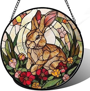 Rabbit Stained Glass Window Hanging Easter Suncatcher Gifts for Women 15"
