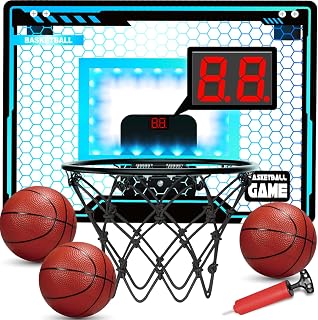 Folimix Mini Basketball Hoop Indoor for Kids, Basketball Hoops Over The Door with LED Lighting, Mini Hoop with Scoreboard & 3 Balls, Basketball Toys Gifts for 4 5 6 7 8 9 10 11 12 Year Old Boys Girls