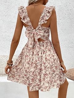 Women Floral Mini Dress Square Neck Ruffle Cap Sleeve A-Line Dress with Back Tie for Summer Beach