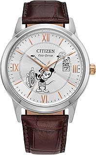 Citizen Eco-Drive AW1788-07W Disney Steamboat Stainless Steel Case Watch, Brown Leather Strap, Silver, Modern