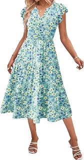Zeagoo Women Summer Dress Casual Dress Ruffle Sleeve V Neck Midi Dress Flowy Tiered Dress with Pockets Boho Sun Dresses