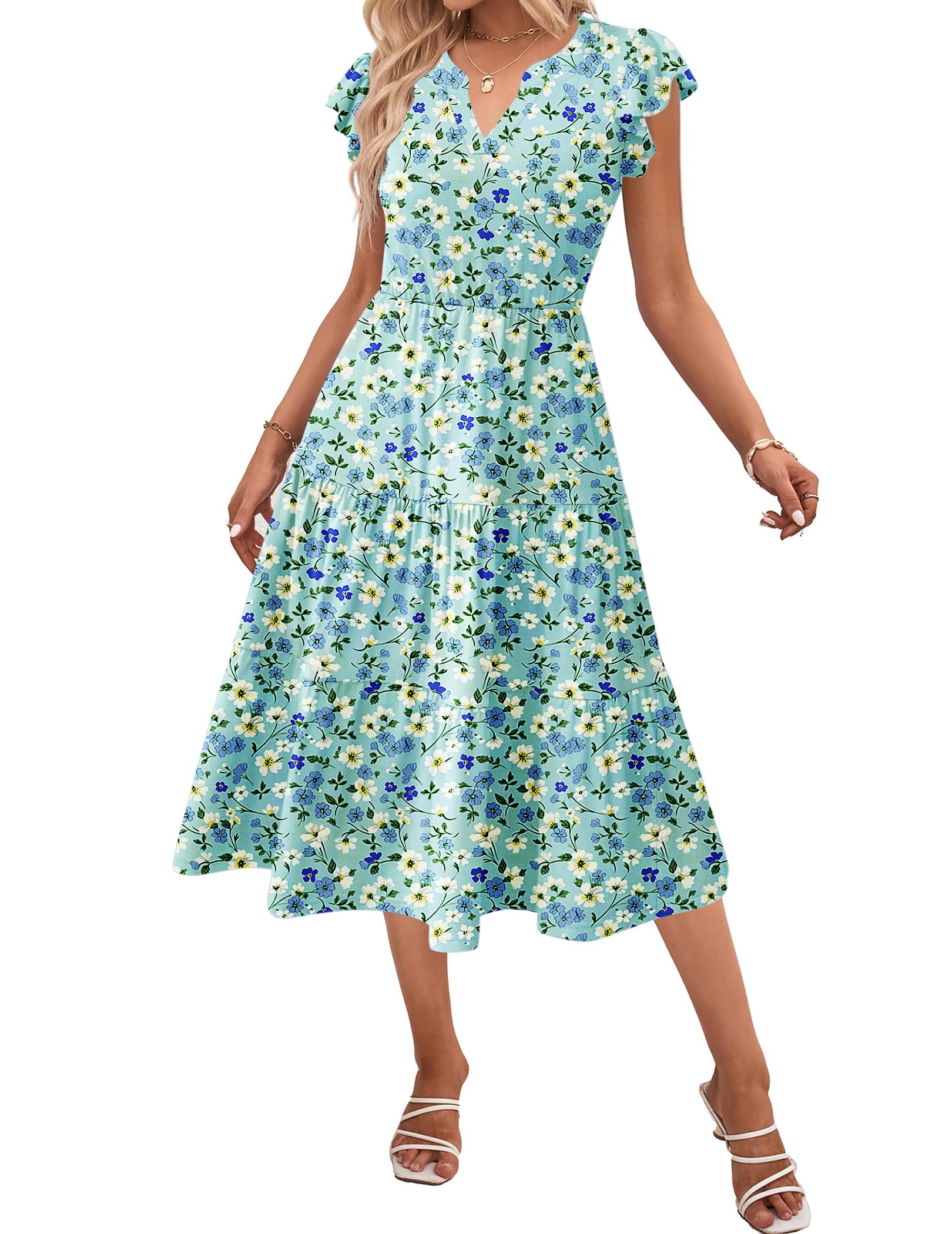 Zeagoo Women Summer Dress Casual Dress Ruffle Sleeve V Neck Midi Dress Flowy Tie