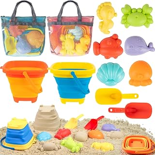 Kids Sand Beach Toys for Kids 3-10 with Collapsible Bucket and Shell Bags | Big Size Sand Molds,2 Foldable Beach Pails 2 Baby Shell Mesh Bags, Child Sand Game Set,Save Travel Space Sandbox Holiday Gift
