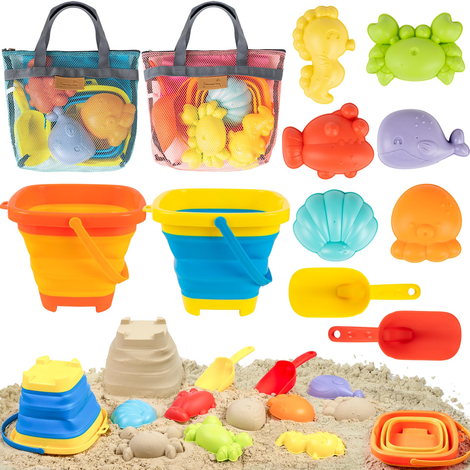 Kids Sand Beach Toys for Kids 3-10 with Collapsible Bucket and Shell Bags | Big 