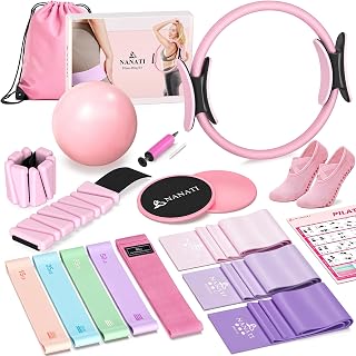 NANATI Pilates Kit, Home Pilates Workout Kit for Women, Pilates Equipment with 14.5"" Pilates Ring and Ball, Resistance Bands, Ankle Weights, Sliders & Grip Socks for Home Workouts