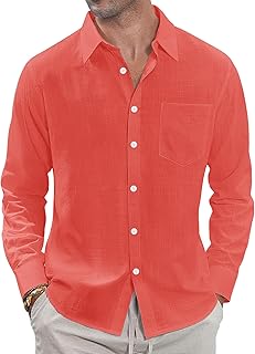 J.VER Men's Linen Shirts Casual Button Down Long Sleeve Shirt Solid Spread Collar Summer Beach Shirts with Pocket