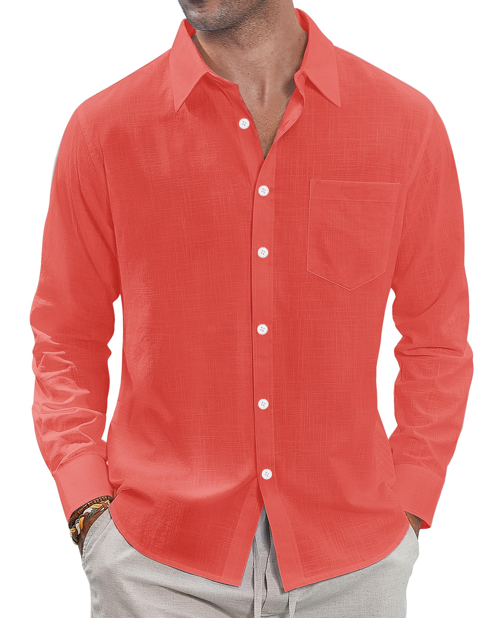 J.VER Men's Linen Shirts Casual Button Down Long Sleeve Shirt Solid Spread Colla