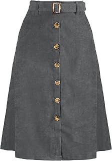 Allegra K Womens High Waist Button Front A-Line Belted Corduroy Midi Skirt