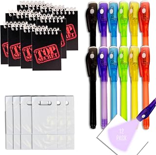 4E's Novelty 12 Invisible Ink Pen with UV Light, 12 Mini Top Secret Notebook and 12 White Goodie Bags - Fun Bulk Party Favors for Kids